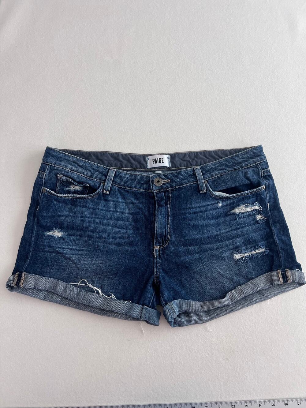 PAIGE Womens 31 Jimmy Distressed Denim Shorts Dark Wash Cuffed Mid Rise